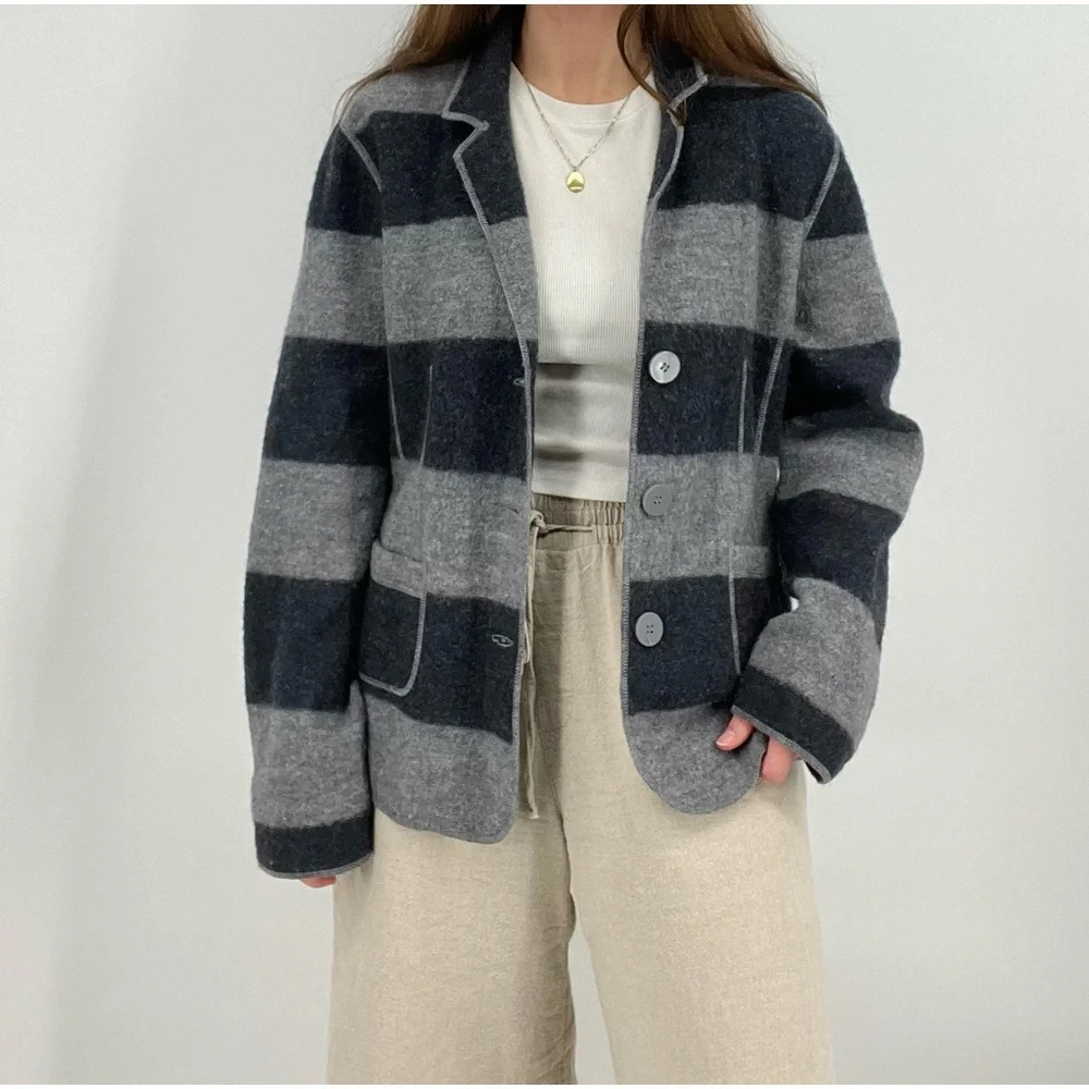 vintage 100% wool striped button down blazer jacket gray black size L